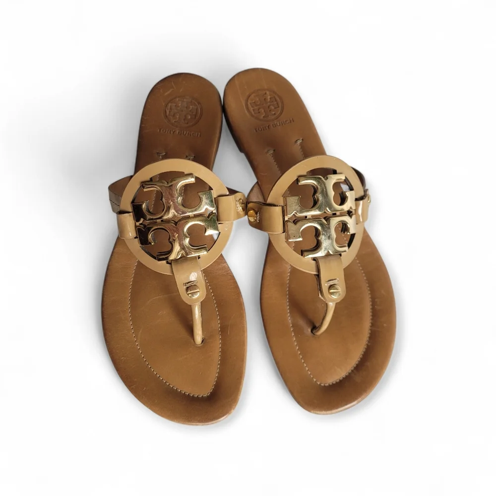Tory Burch Metal Miller 2 Leather Sandals Tan Size 10 - Picture 1 of 12